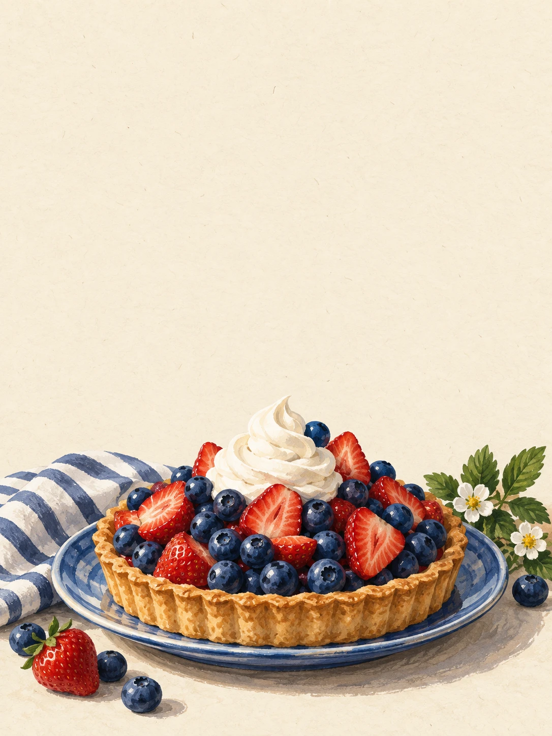 Strawberry and blueberry tart with cream on a blue plate and striped linen.