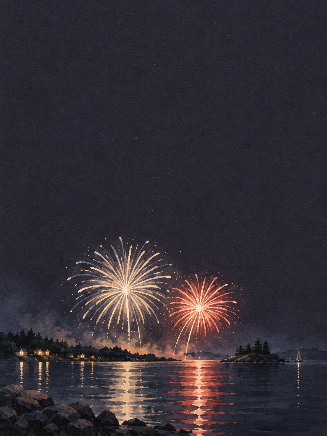 Two watercolor fireworks reflect in still water beneath a wide midnight sky.