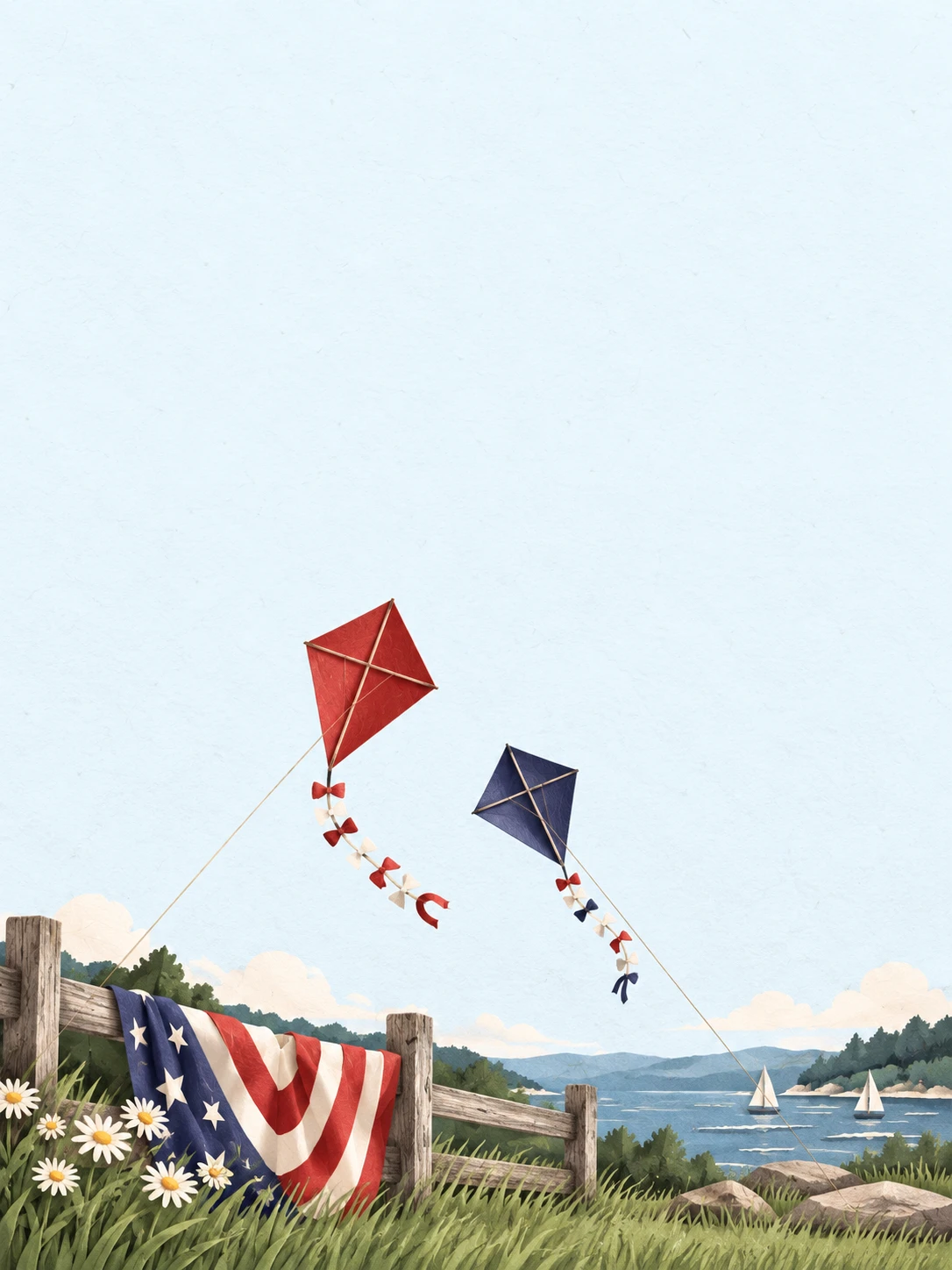 Red and navy paper kites above a quiet lakeside fence and patriotic fabric.