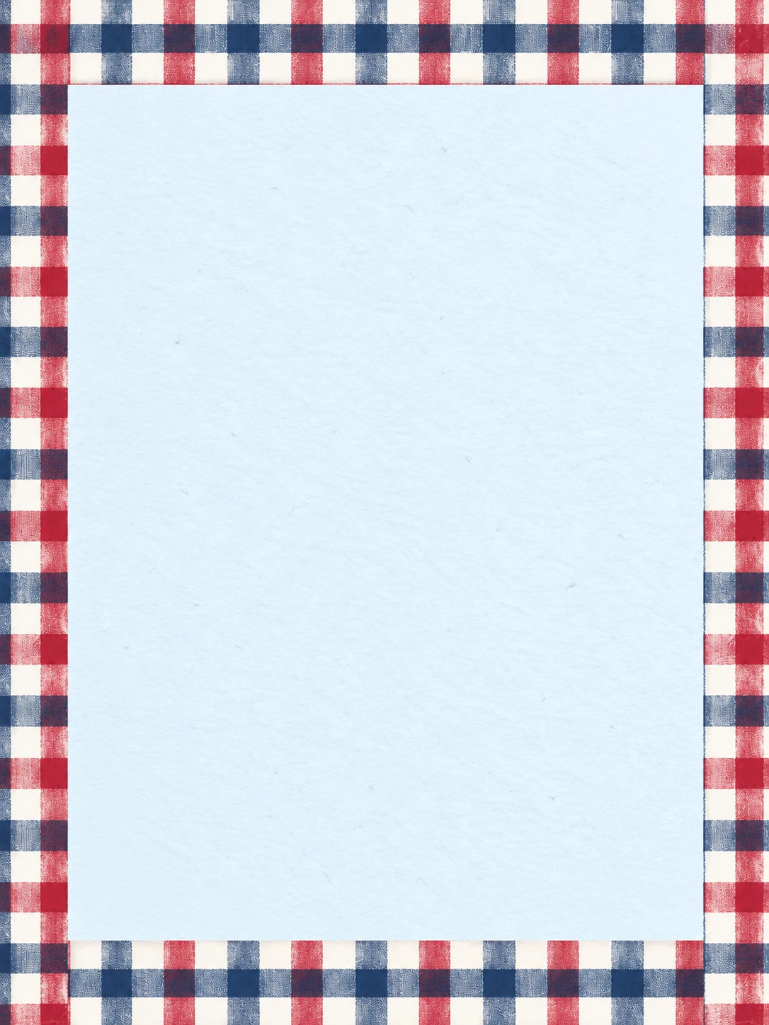 A simple red, navy and ivory gingham border around pale blue paper.