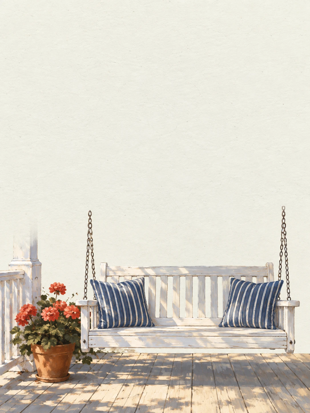 A white porch swing with navy striped cushions beside coral geraniums.