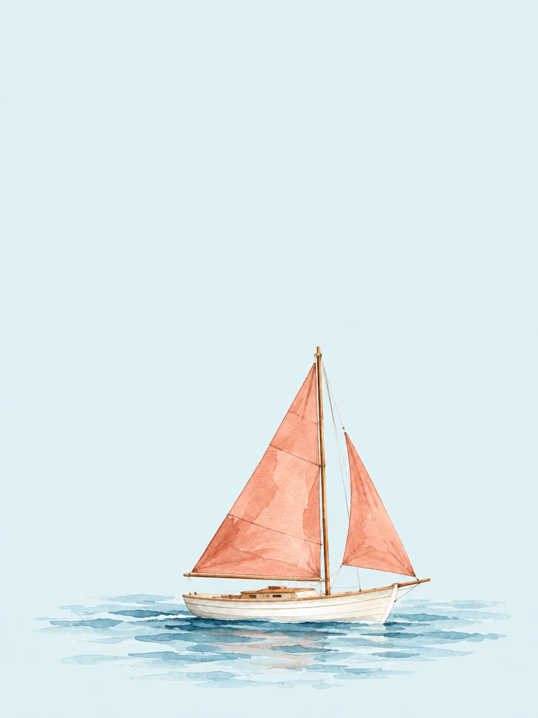 A small ivory sailboat with coral sails floats on a restrained blue watercolor wash.