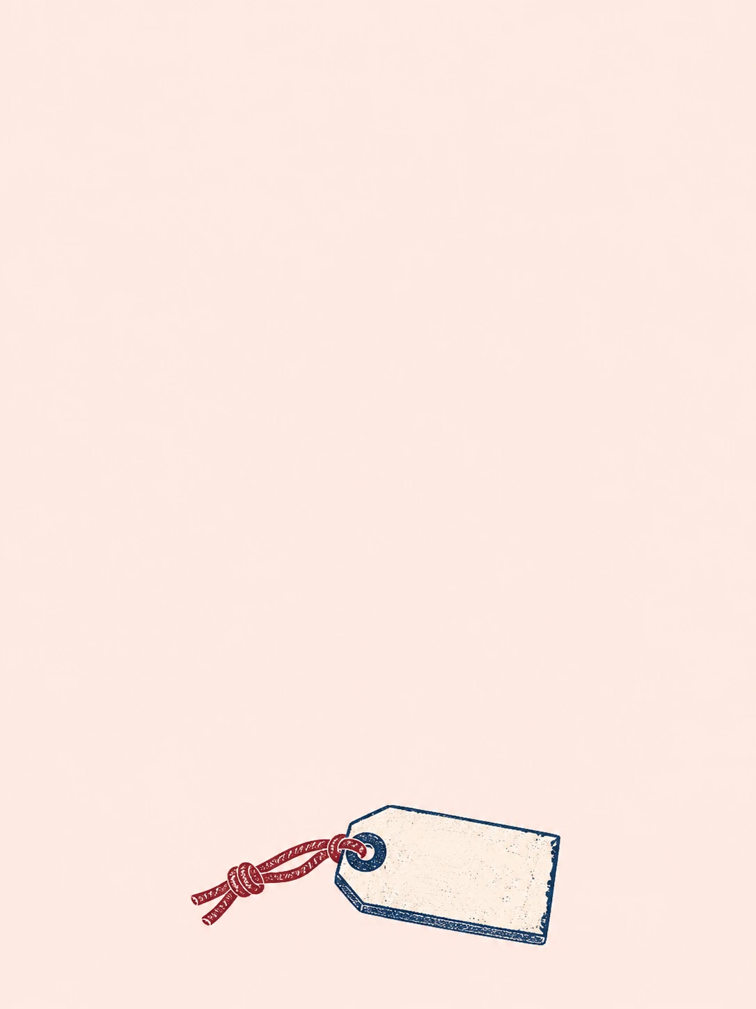 A tiny blank luggage tag hangs from a short knotted dark-red cord on pale peach paper.