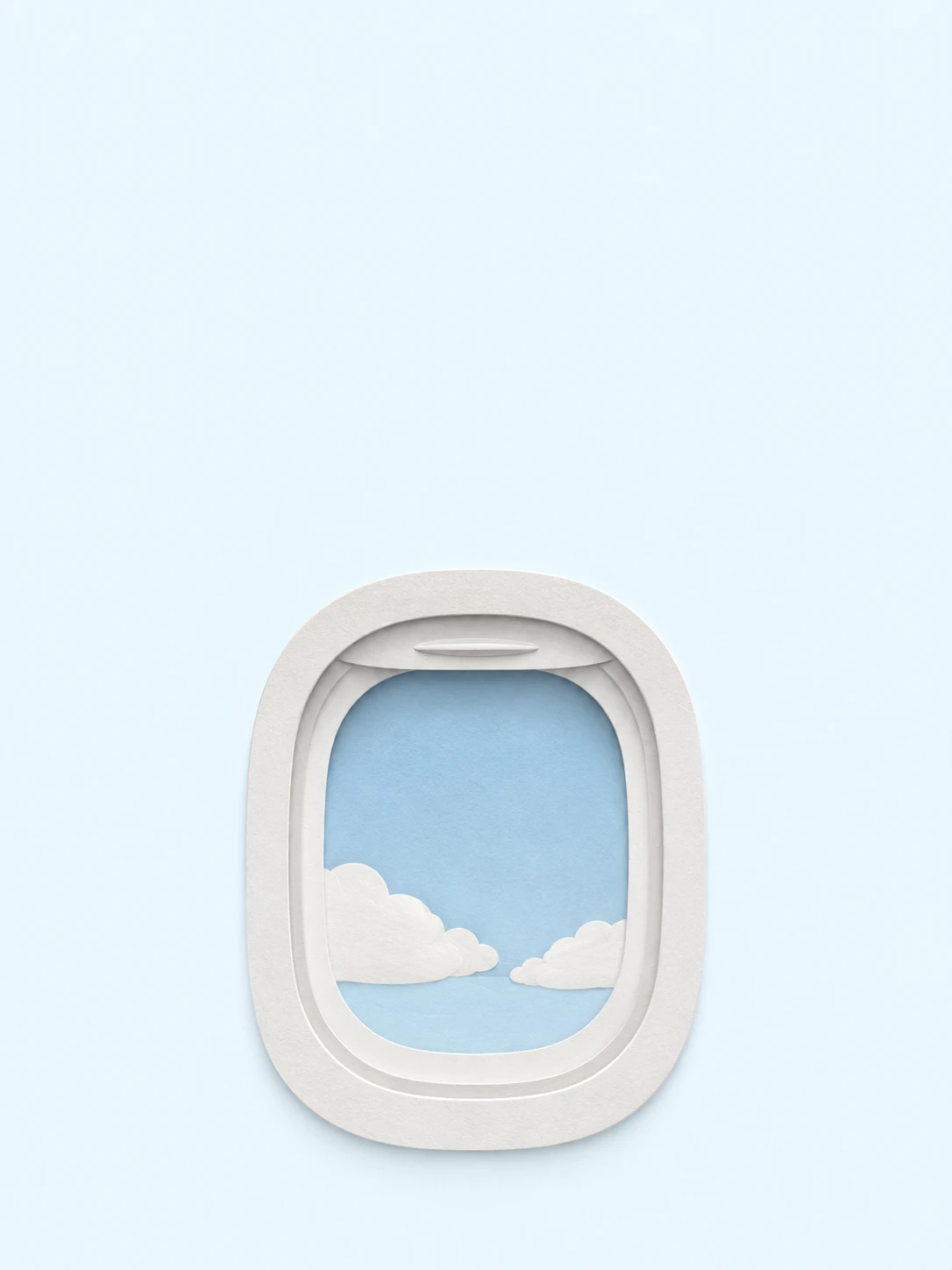 An airplane window is built from shallow ivory paper layers around a blue sky and small clouds.