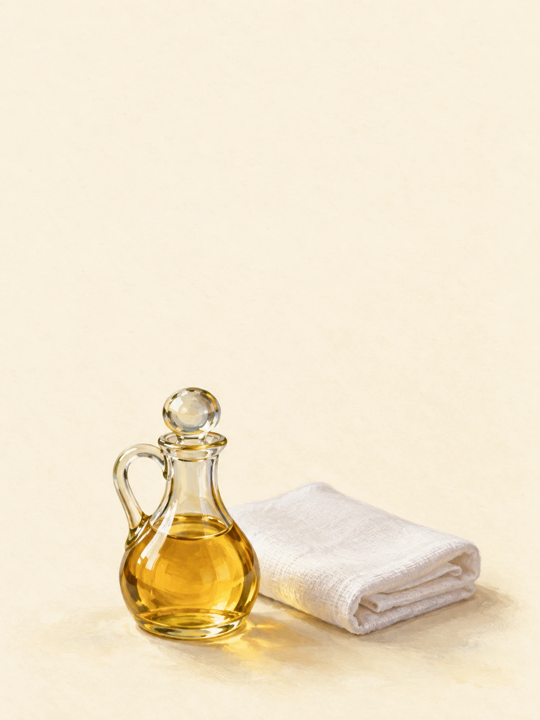 A clear cruet of golden oil beside folded white linen.