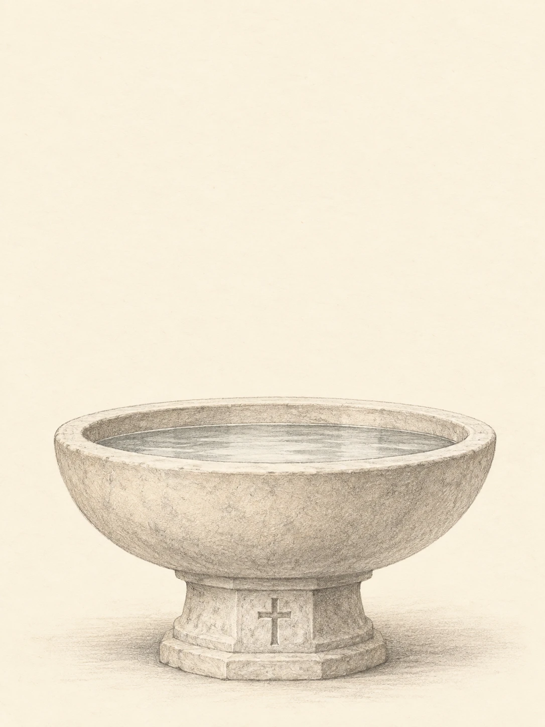A shallow stone baptismal basin with still water and a simple carved cross.