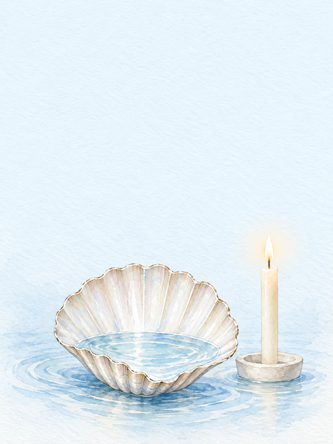 A pearly scallop shell of blue water beside a plain ivory baptism candle.