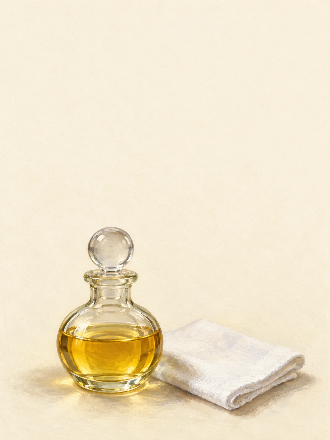 A clear glass vessel of golden anointing oil beside white linen.