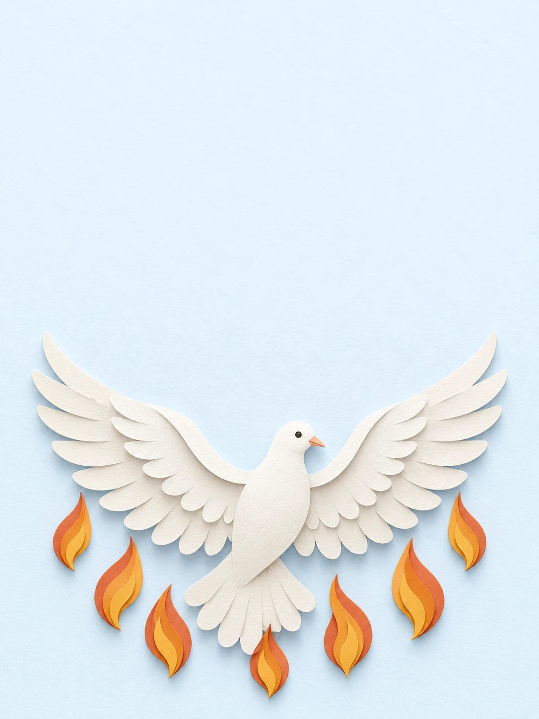 A white paper dove with extended wings above small orange flame shapes.