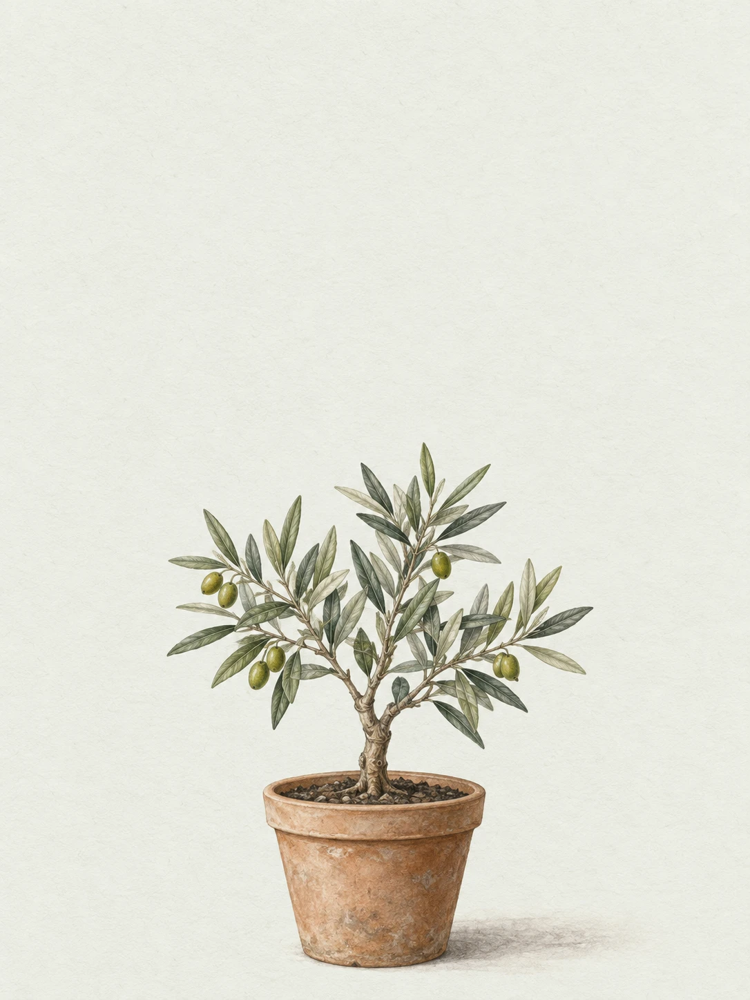 A young olive tree with carefully drawn leaves in a small clay pot.