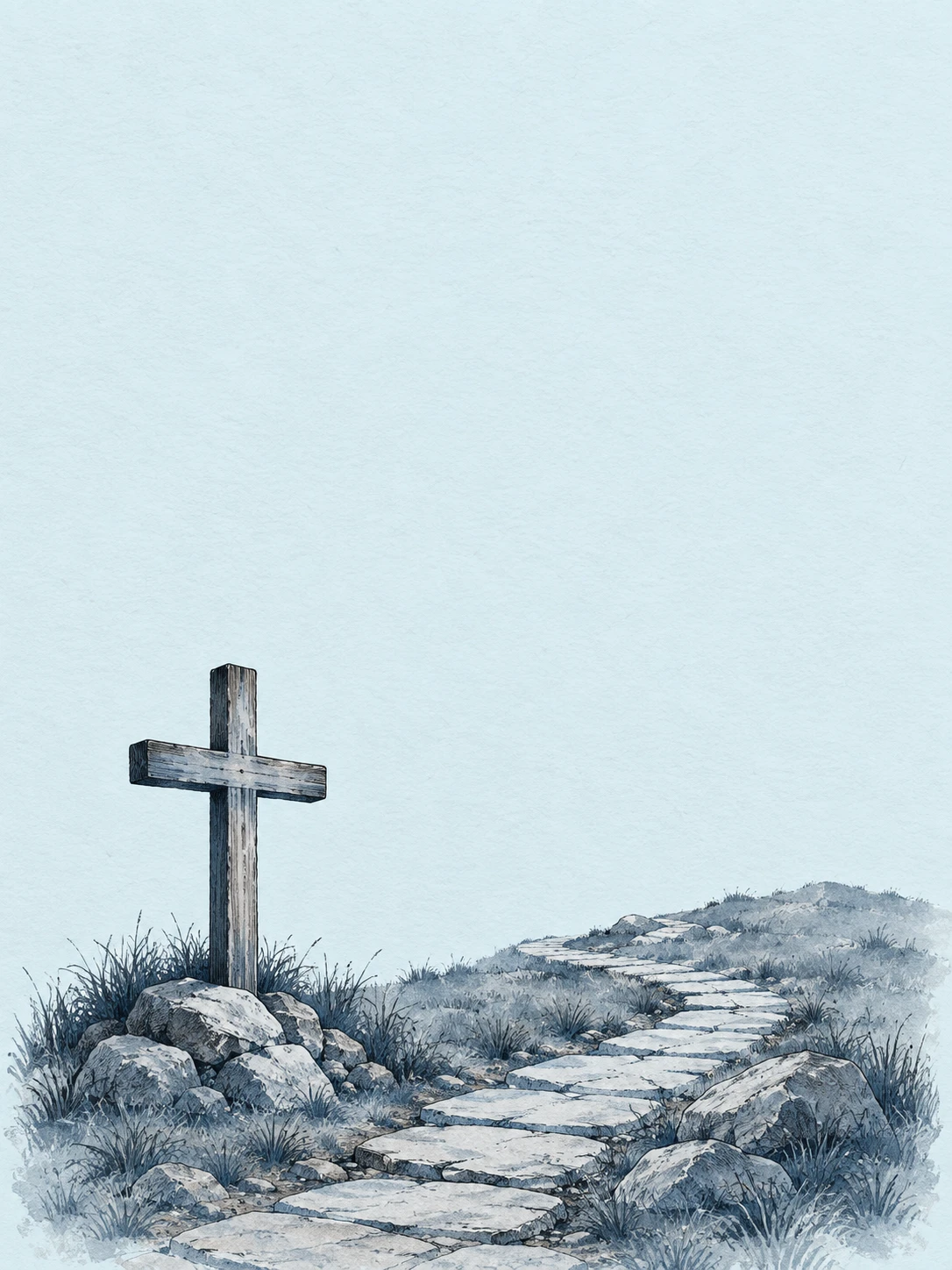 A stone footpath curving past a plain wooden cross.
