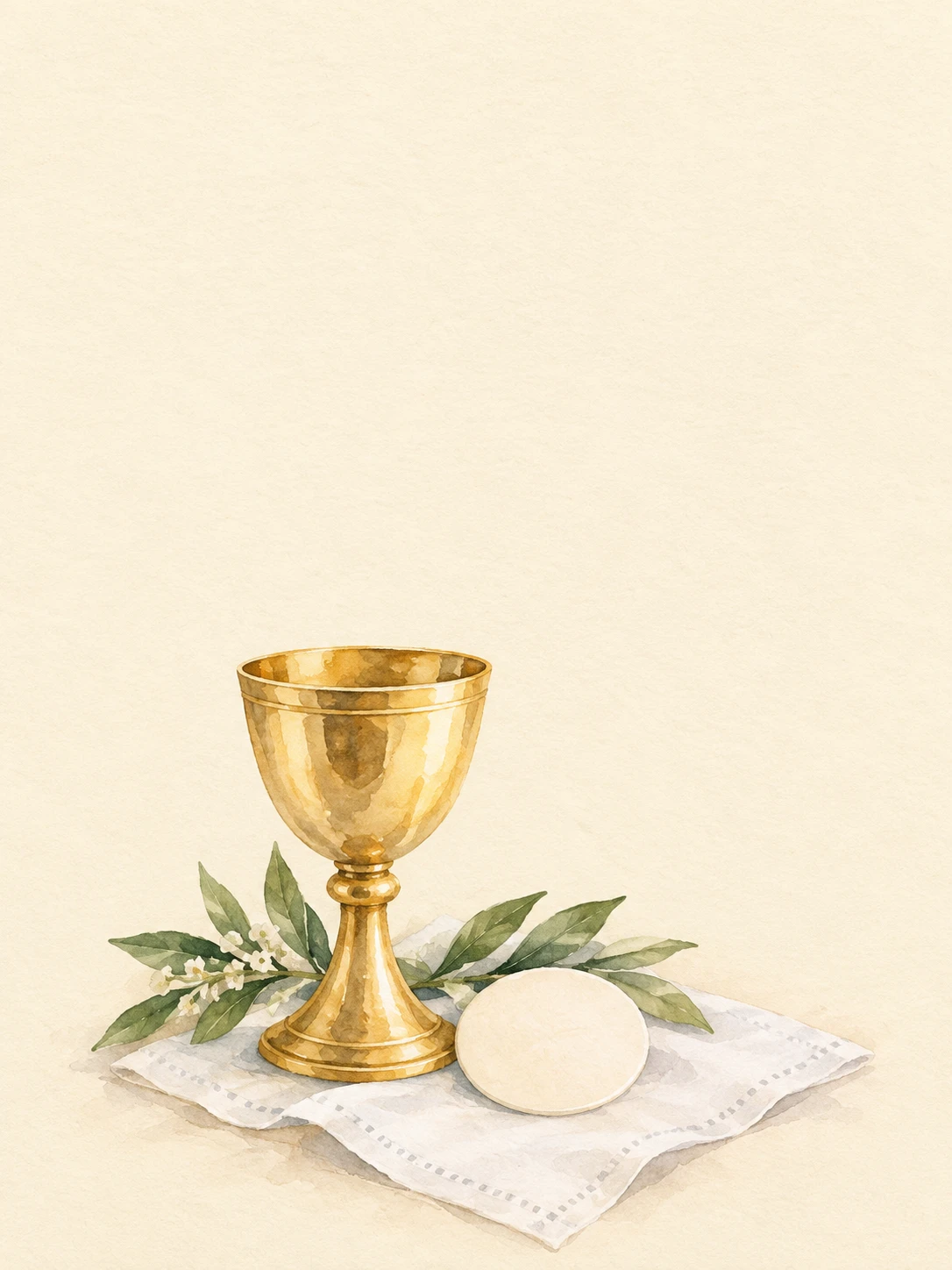 A modest gold chalice and plain communion host on white linen with a leafy sprig.