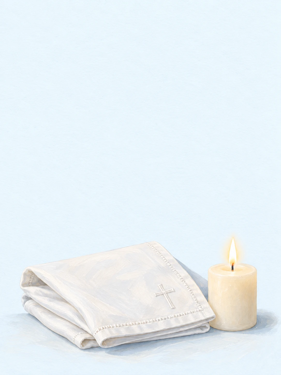 Folded white altar linen with a stitched cross beside a cream candle.