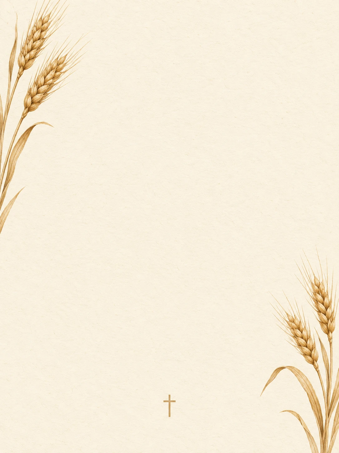 Fine golden wheat stems at opposite edges with a small plain cross below.