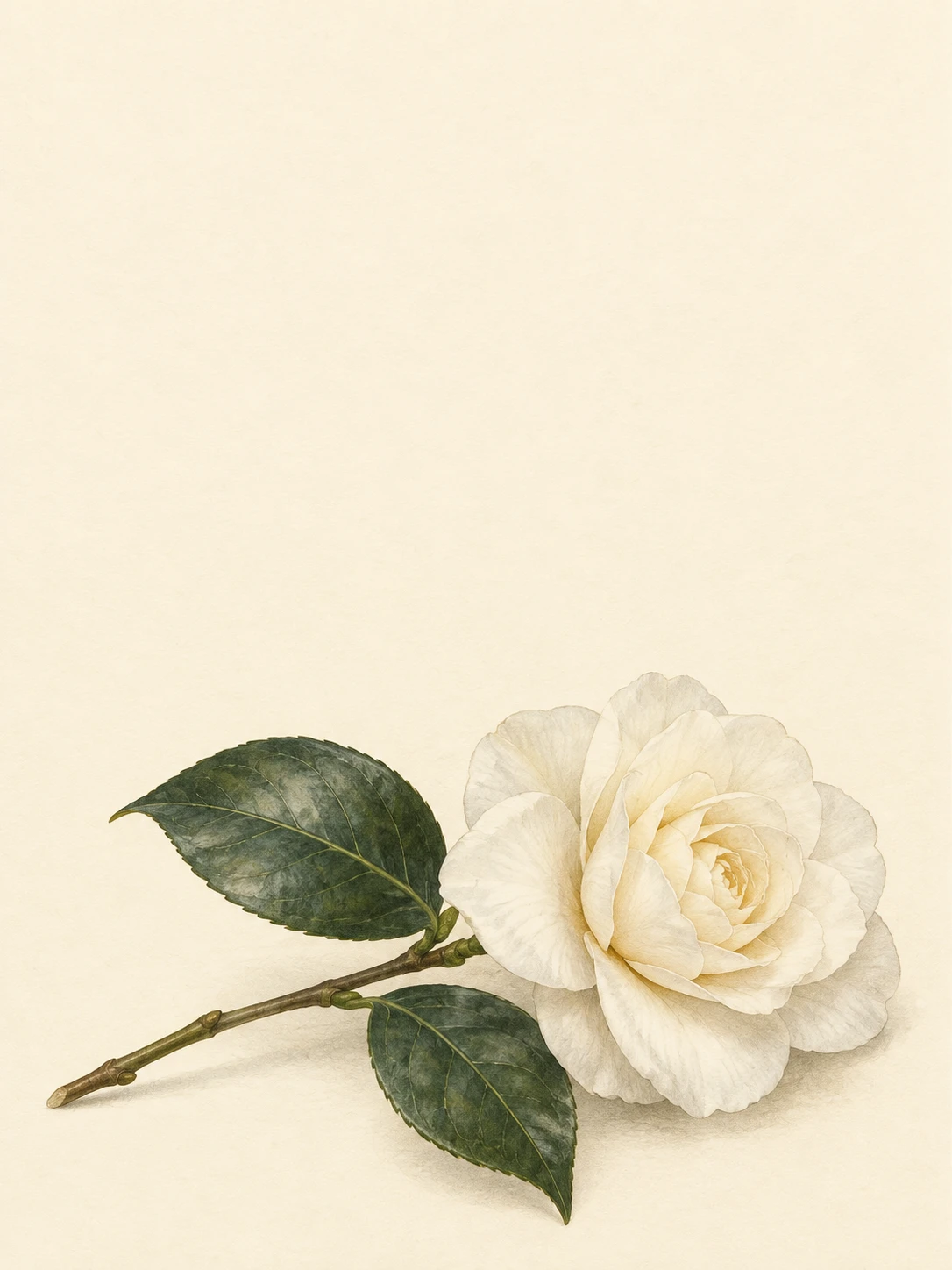 One ivory camellia on a diagonal stem with two dark green leaves.