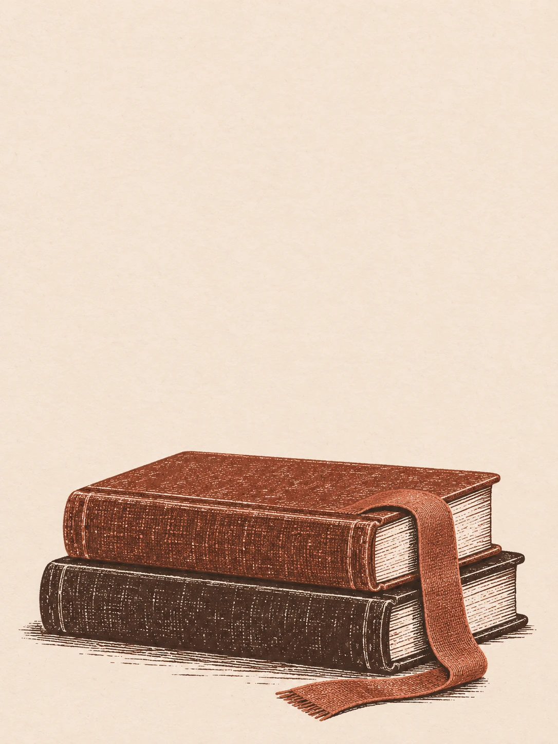Two clothbound books with a terracotta fabric bookmark.