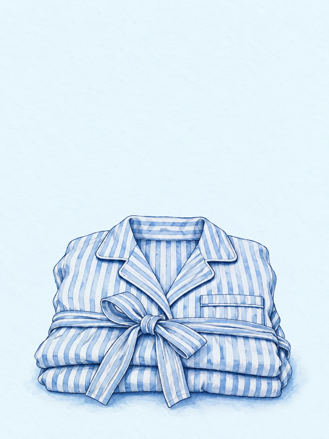 Blue-striped cotton pajamas folded neatly with a matching fabric belt.