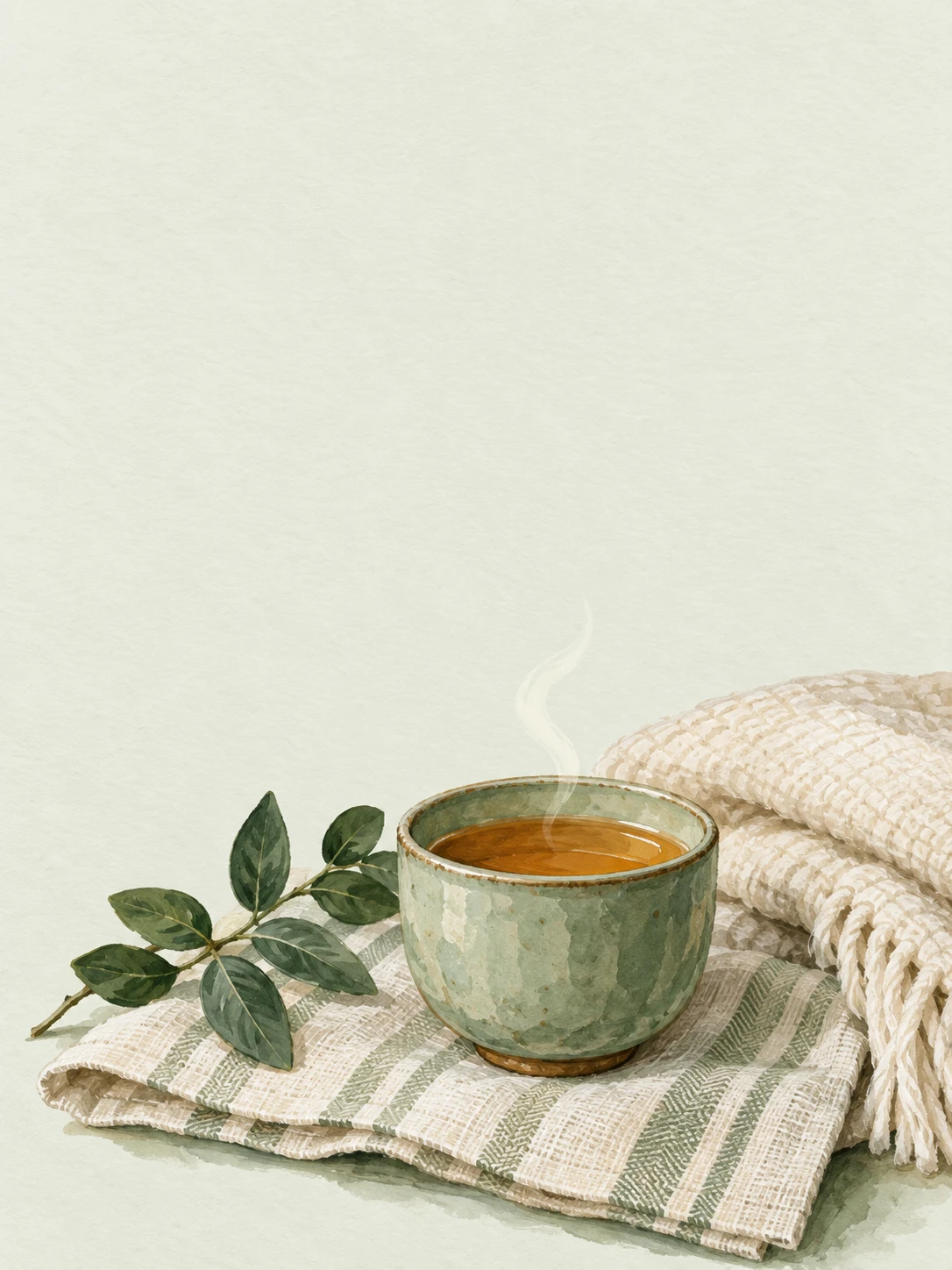 A sage ceramic cup of tea on striped linen beside a cream blanket and leafy sprig.