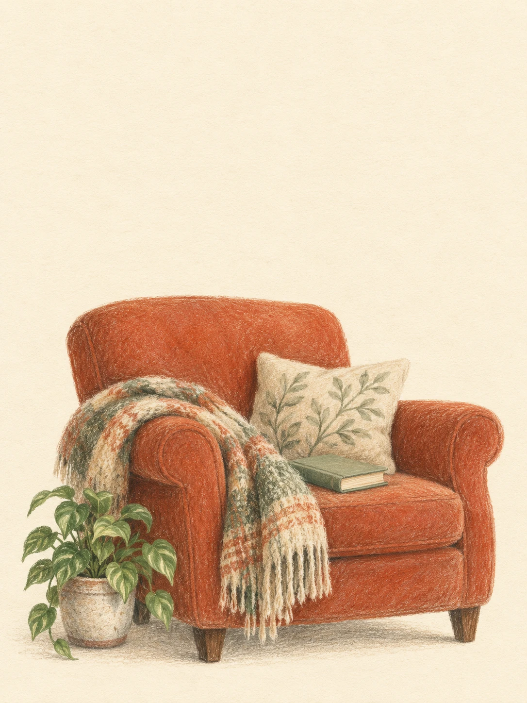 A rust reading chair with a wool throw, cushion, closed book and small plant.