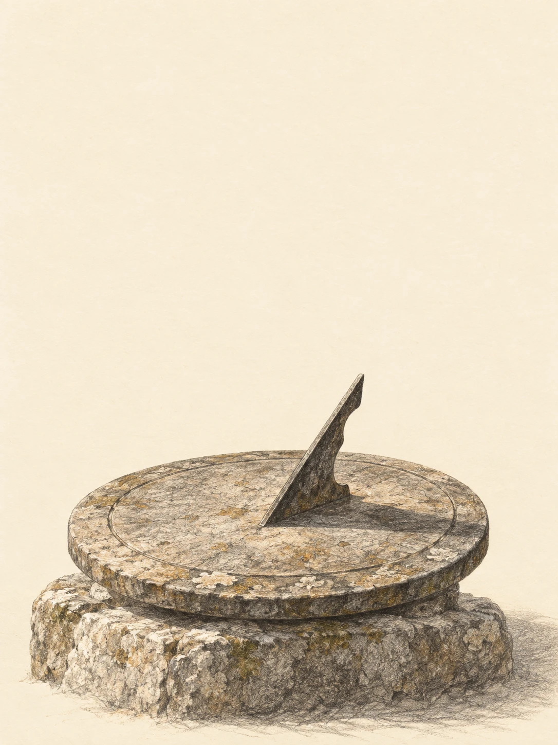 A weathered stone garden sundial drawn in graphite.