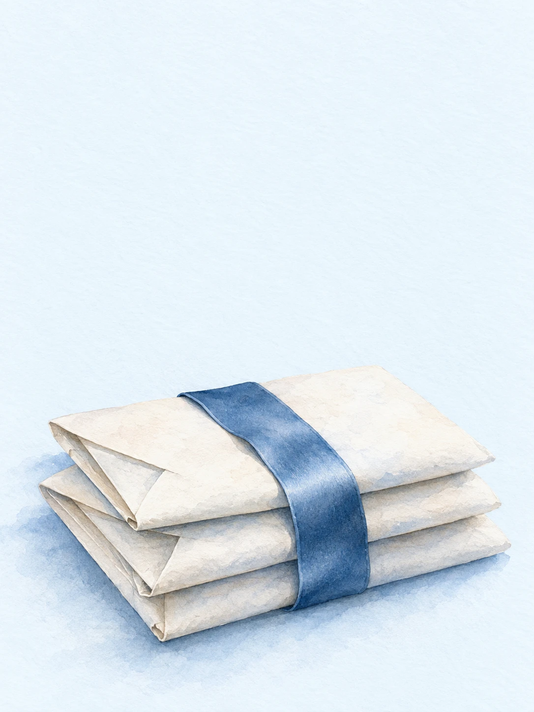 Folded cream letters held together by a plain blue ribbon.
