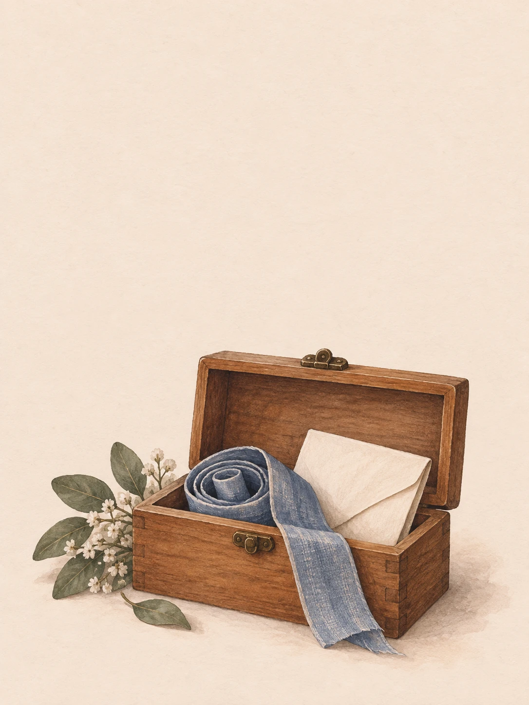 A wooden keepsake box with a folded letter, blue linen ribbon and delicate leafy sprig.