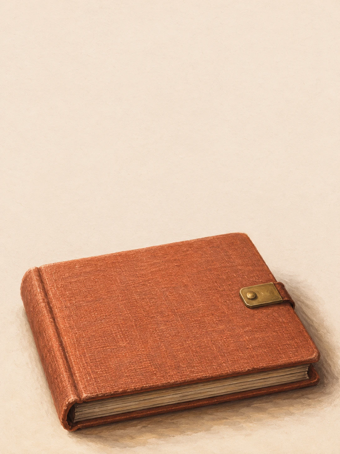 A terracotta linen photo album with a simple brass clasp.