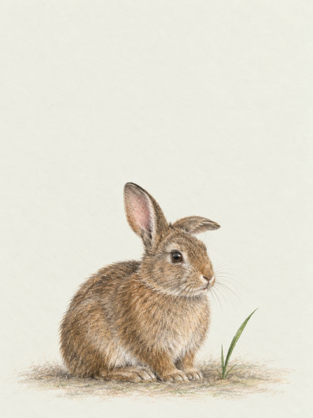 A calm brown rabbit with one turned ear beside a blade of grass.