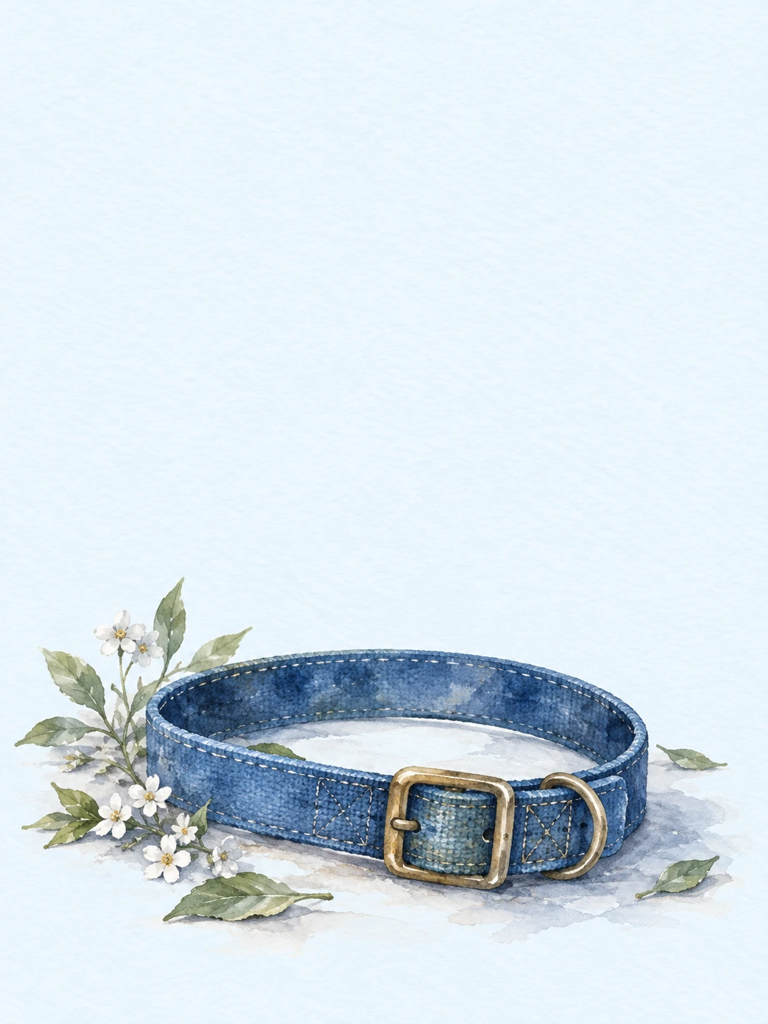 A well-loved blue dog collar with a brass buckle beside small white flowers.