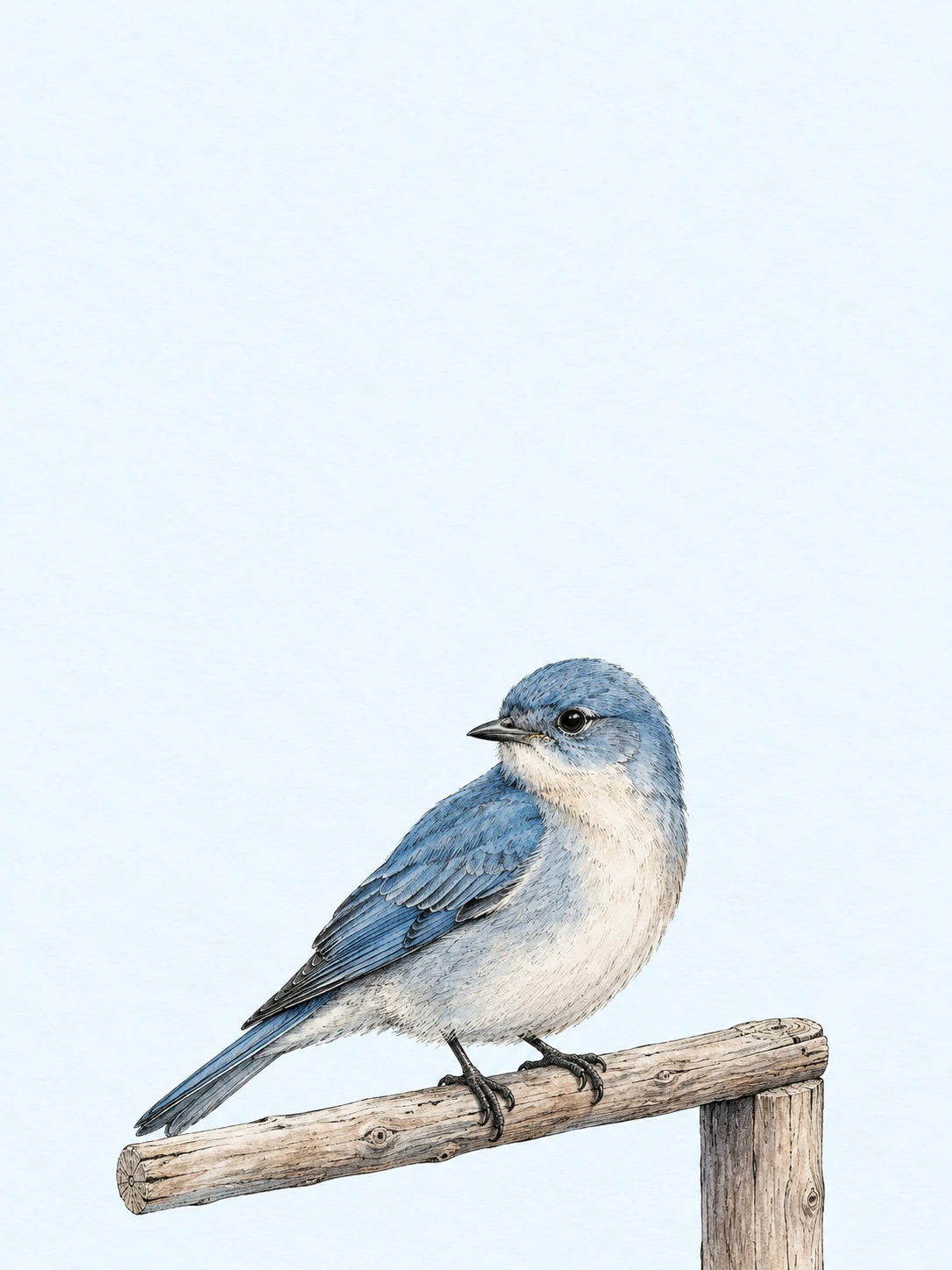 A natural blue songbird resting on a simple wooden perch.