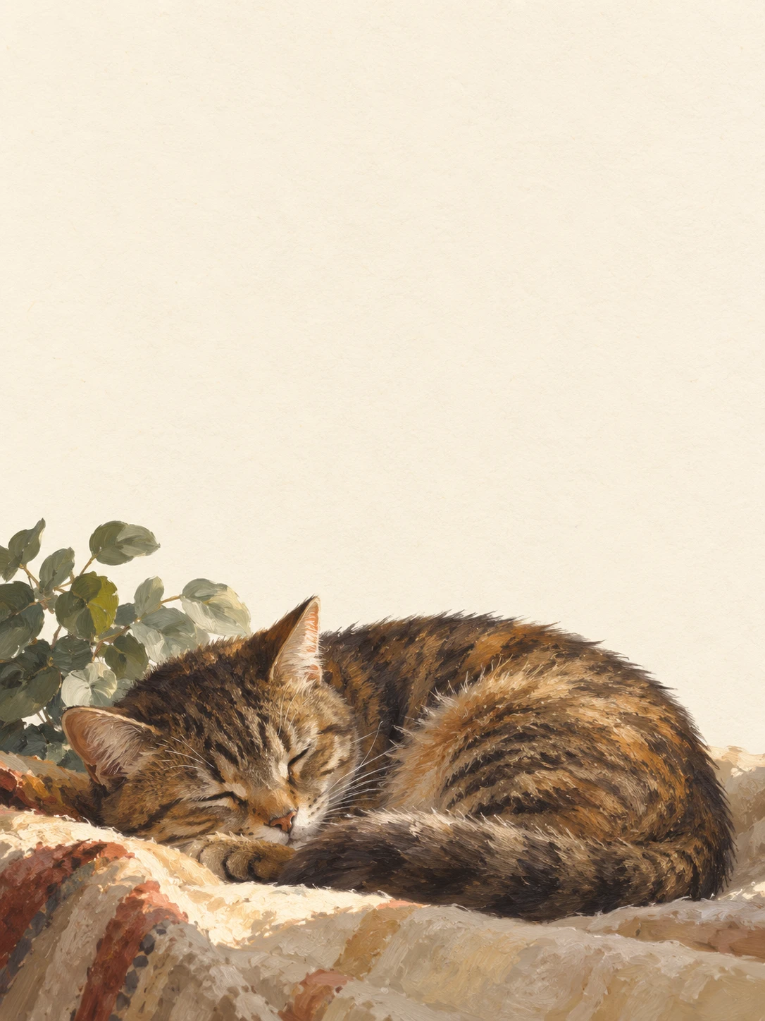 A peacefully sleeping tabby cat painted in warm oil colors on soft fabric.