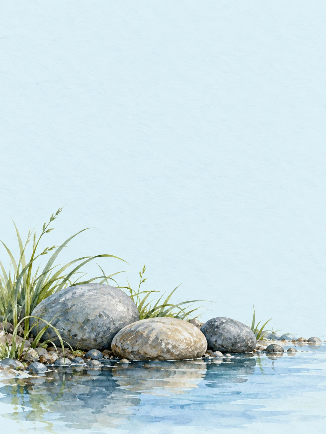 Smooth river stones, grasses and reflections beside quiet blue water.