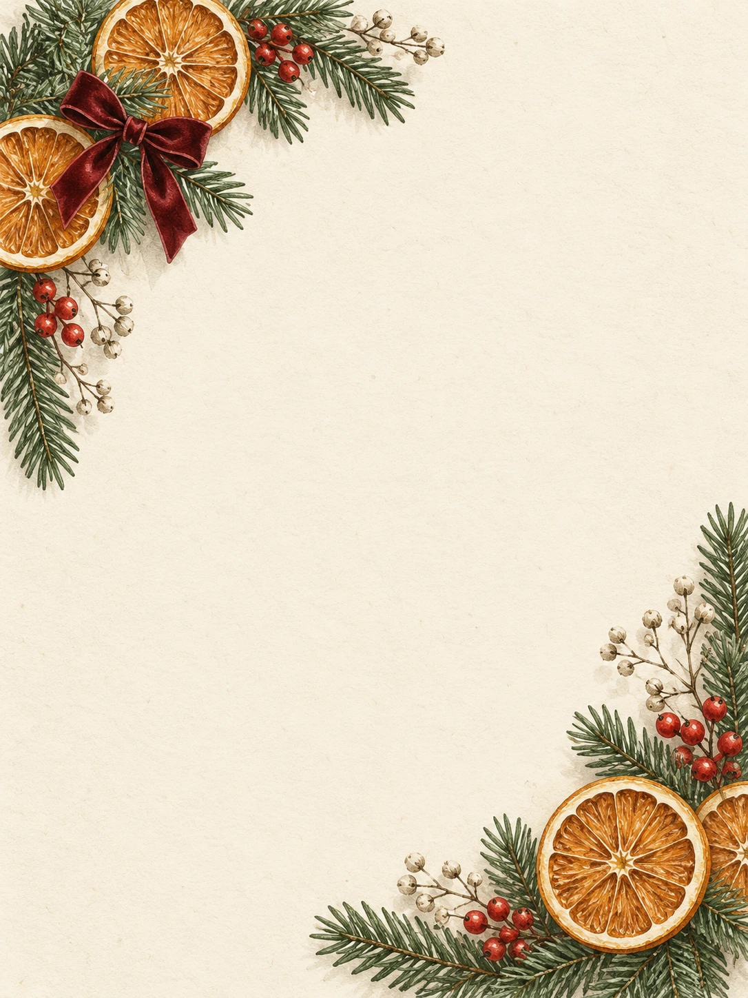 Dried orange slices, evergreen sprigs and a burgundy bow frame ivory paper.