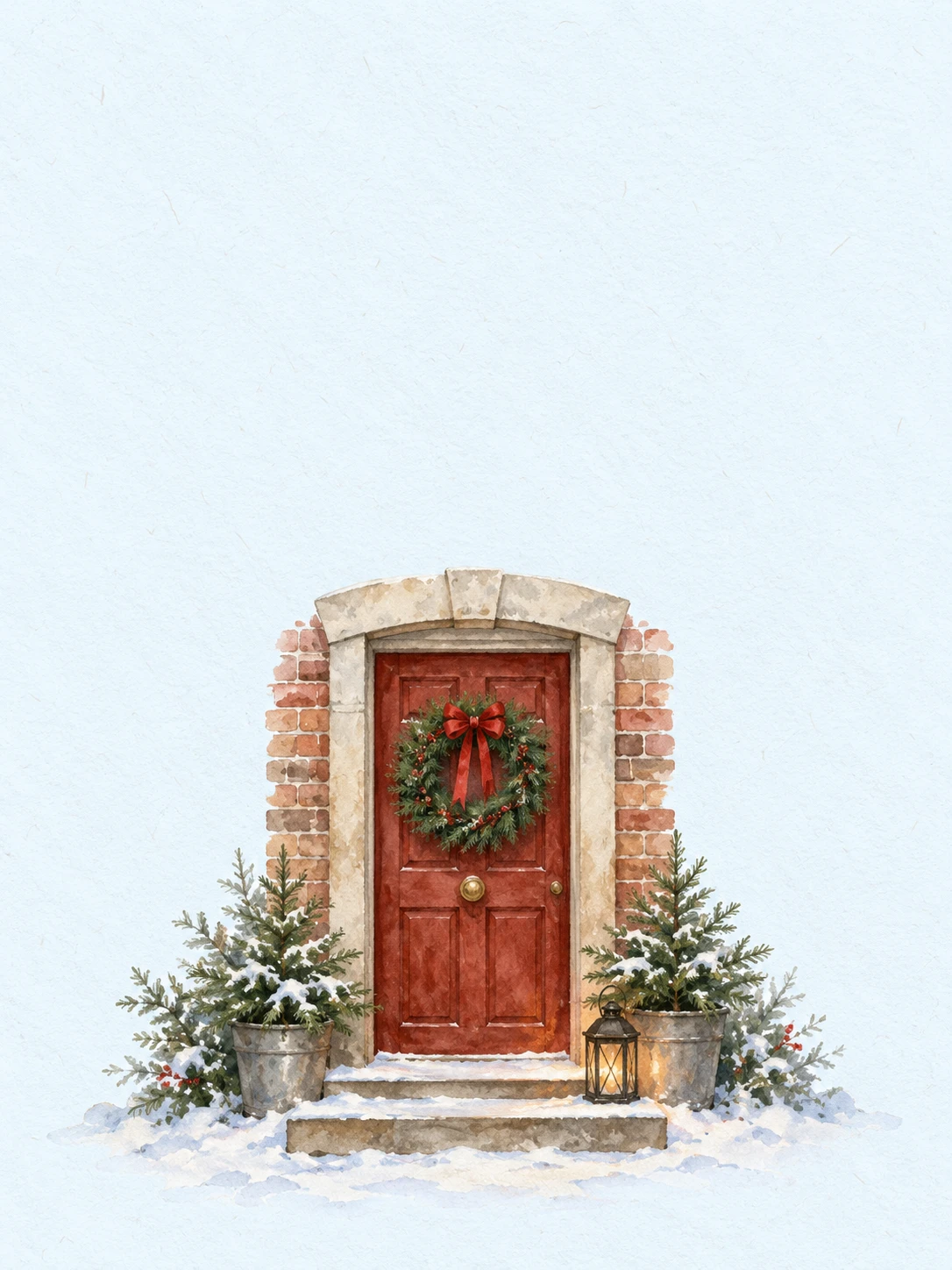 Red wreath-hung door with snowy steps, small evergreens and a lantern.