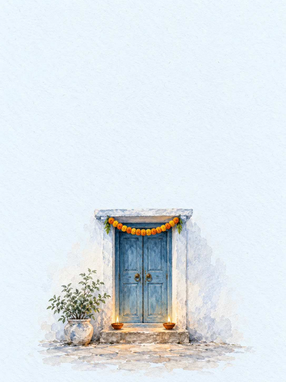 A blue doorway with a marigold garland, two glowing diyas and a potted plant.