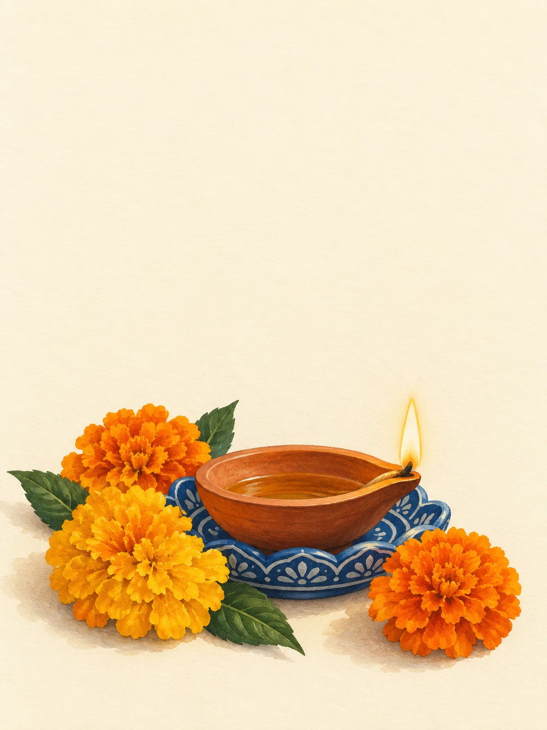 Terracotta diya on a cobalt saucer, surrounded by orange and saffron marigolds on ivory paper.