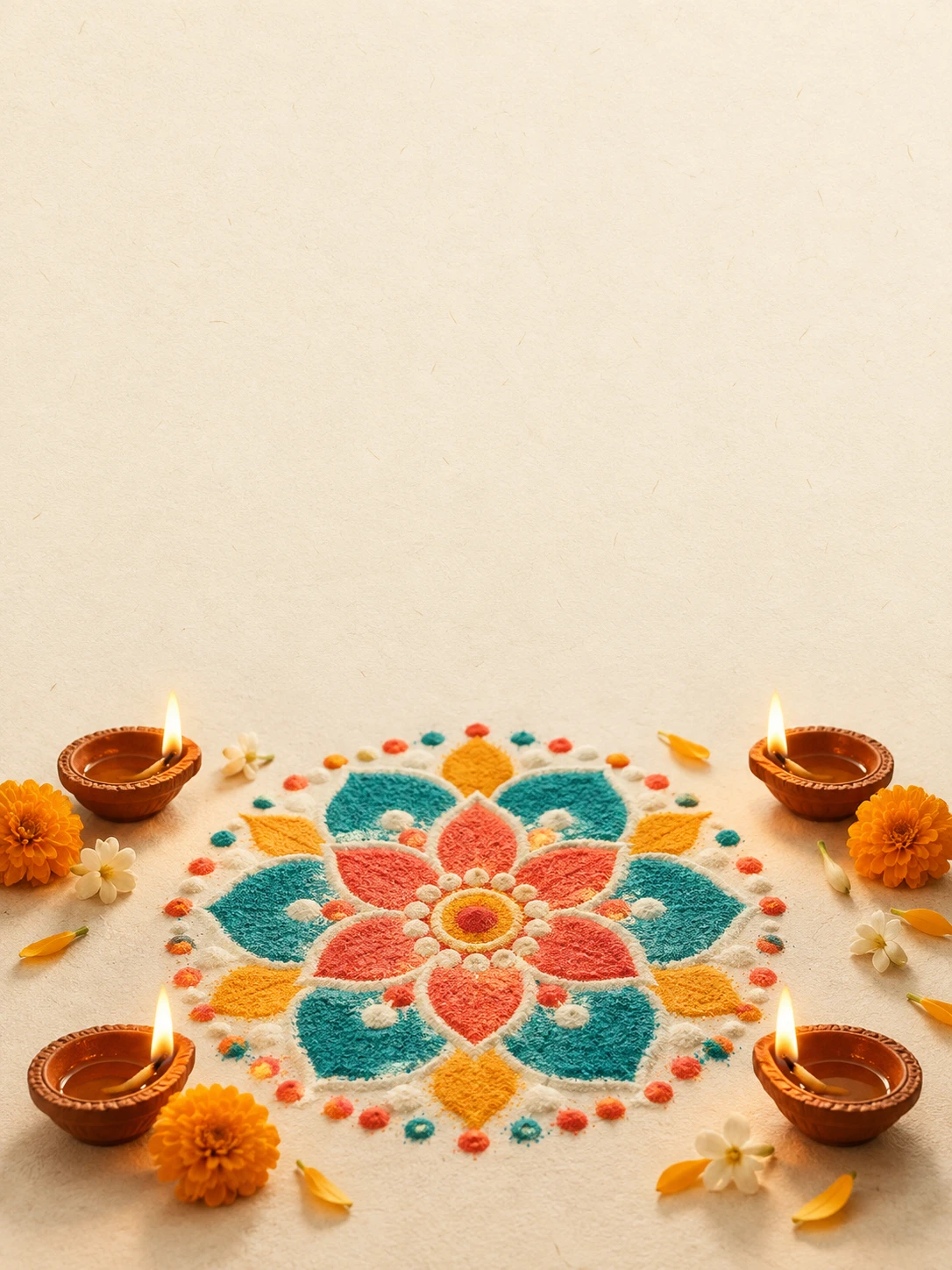 Coral, turquoise and saffron rangoli with four diyas and marigold blossoms.
