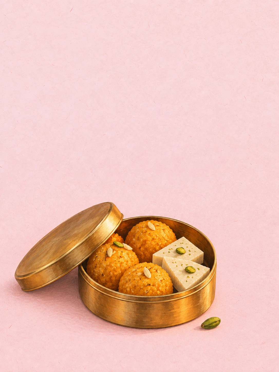 An open brass tin of golden laddoos and pale barfi sweets on rose paper.