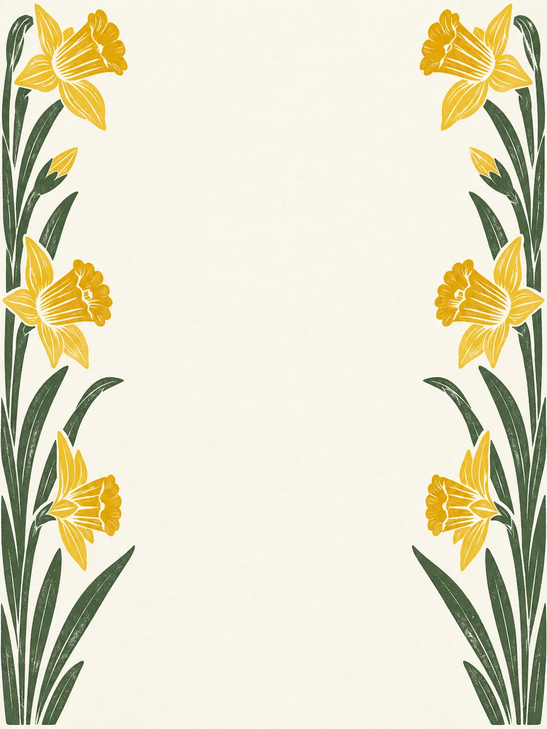 Yellow daffodils and long green leaves form a two-ink printed border on ivory paper.
