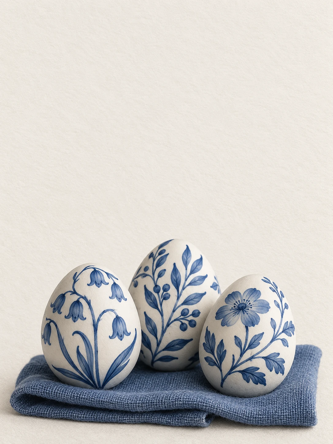 Three ivory porcelain eggs with delicate blue botanical patterns rest on folded blue linen.