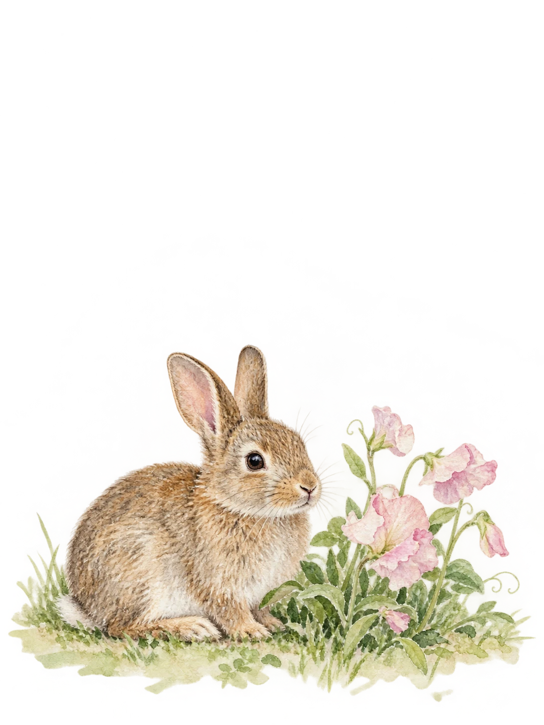 A small brown rabbit rests beside pale pink sweet peas in a gentle watercolor study.