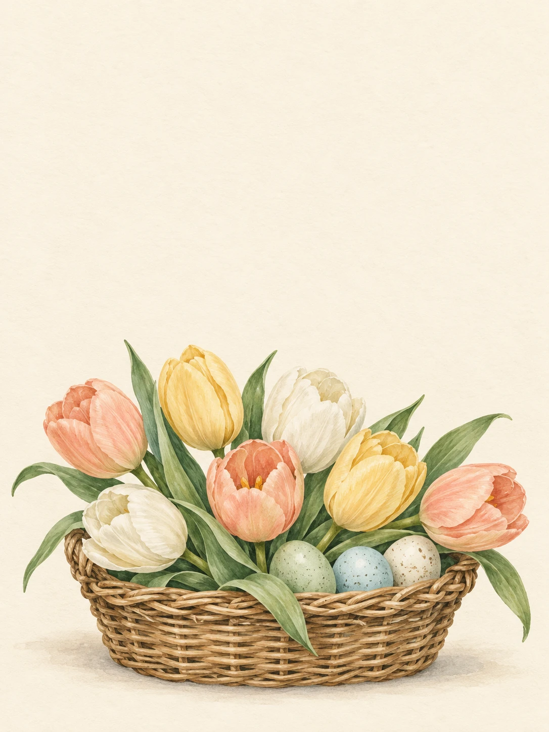 Peach, yellow and ivory tulips fill a woven willow basket with three softly colored Easter eggs.