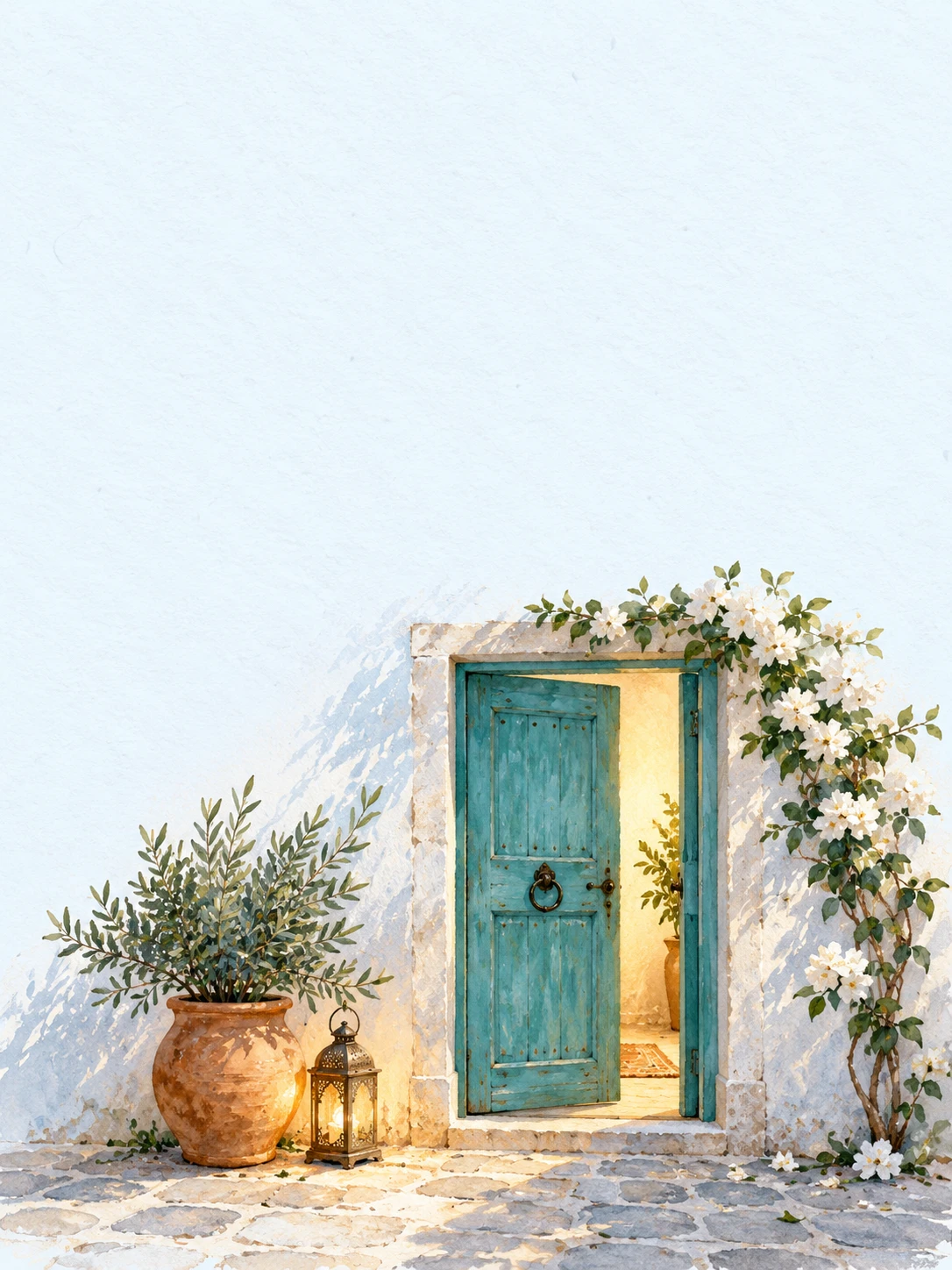 A turquoise doorway with white blossoms, a terracotta planter and a warm lantern.