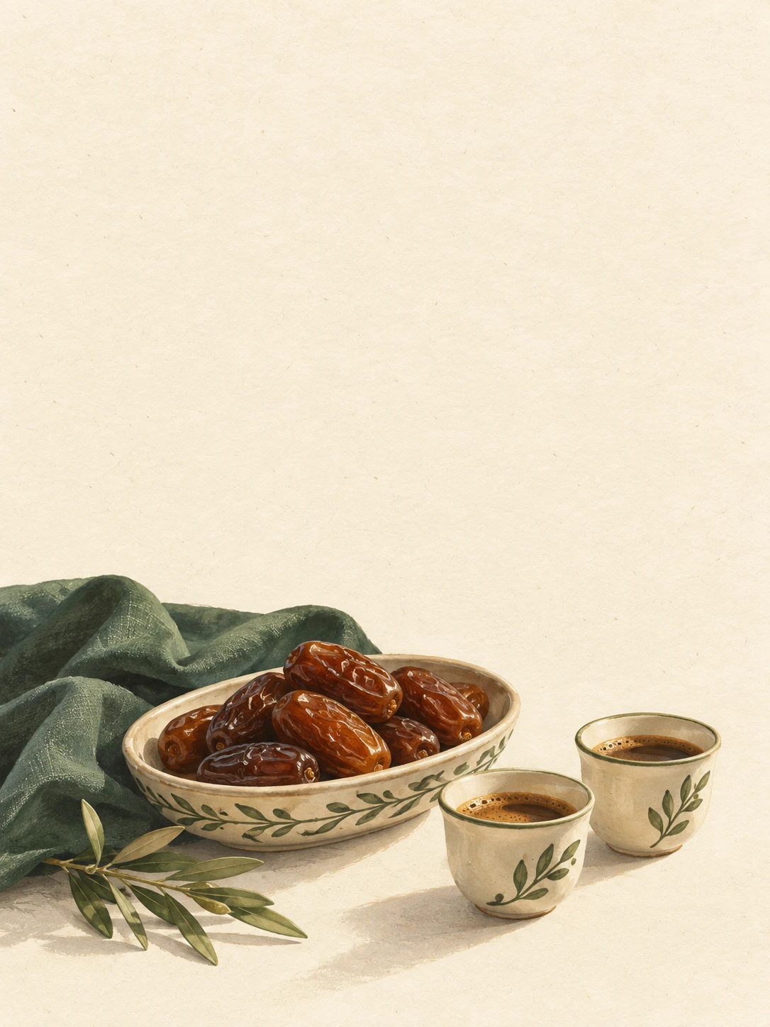 A ceramic dish of dates and two small coffee cups beside green linen.