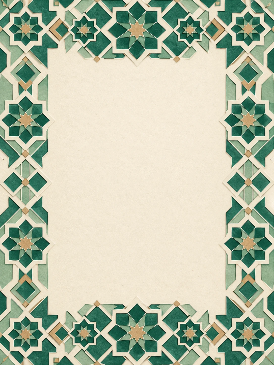 Layered jade and celadon geometric rosettes frame a quiet ivory paper center.