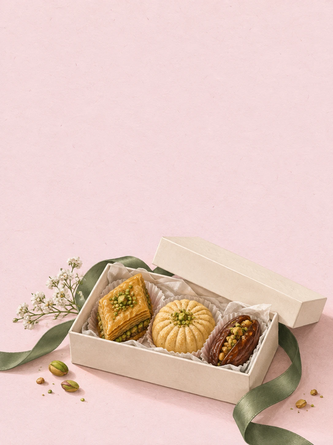 An ivory box of pastries and a stuffed date, tied with a green ribbon.