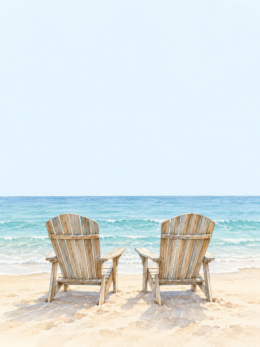 Two empty wooden beach chairs face a quiet pale-blue sea.