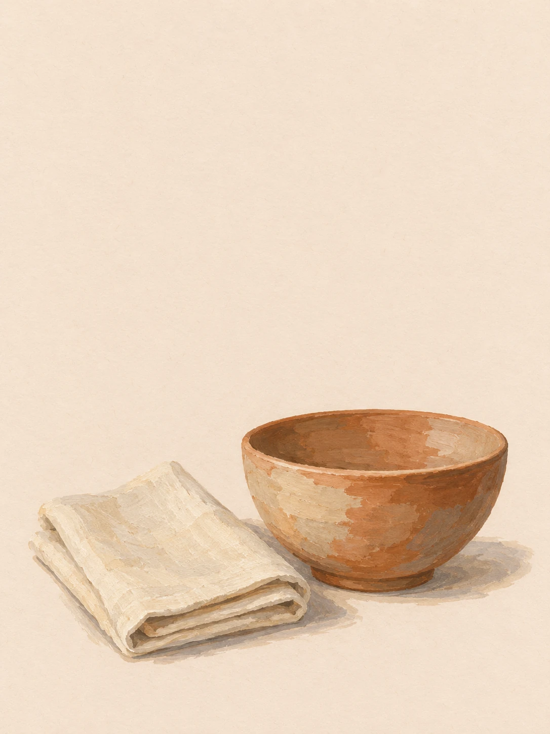 A folded cream linen napkin rests beside a terracotta bowl.