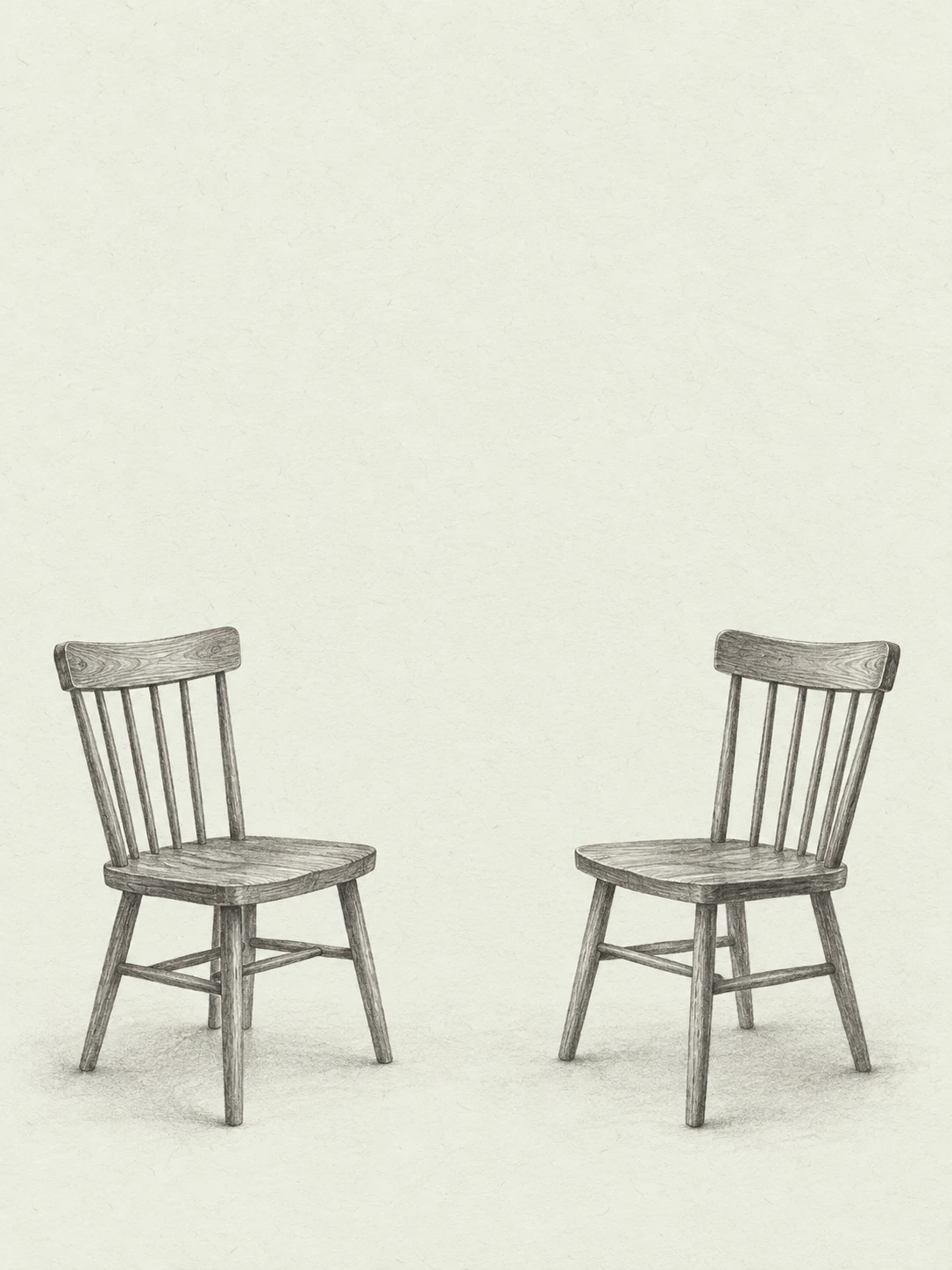Two wooden chairs angle toward each other, drawn in graphite on pale sage paper.