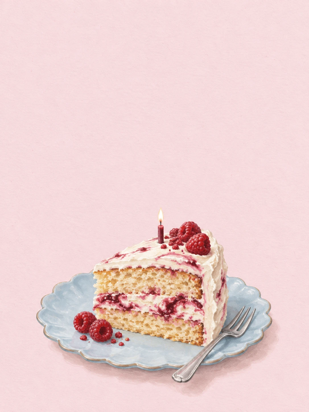 A raspberry cake slice with a short burgundy candle sits on a blue scalloped plate beside a silver fork.